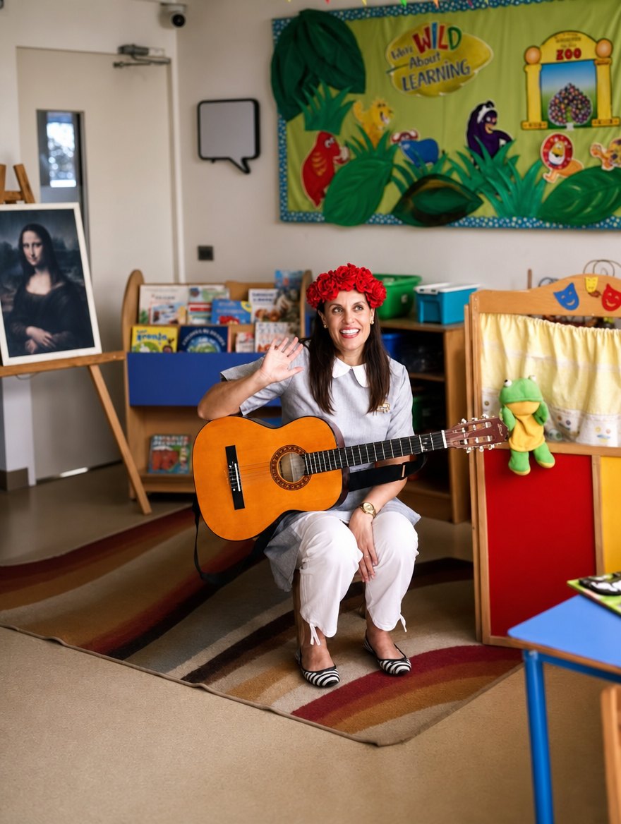 Miss con guitarra en la biblioteca del jardín, junto al mural en inglés "We're WILD About LEARNING"
