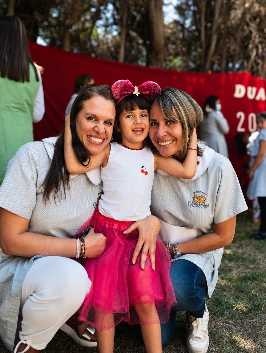 Rayén y Claudia abrazando a una niña en la graduación del jardín